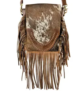 Cowhide Crossbody Bag with brown suede fringe