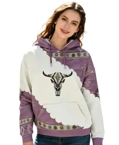 Women's Vintage Clothes Western Style Drop Shoulder Drawstring Hoodie,Highland Bull Head Print Graphic Sweatshirt,Long Sleeve Pullover with Pocket,Spring & Fallreshness Clothes