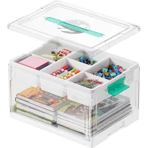 Craft Organizers Storage 24 QT Plastic Box with Lid Removable Trays Dividers Clear Art Supplies Container