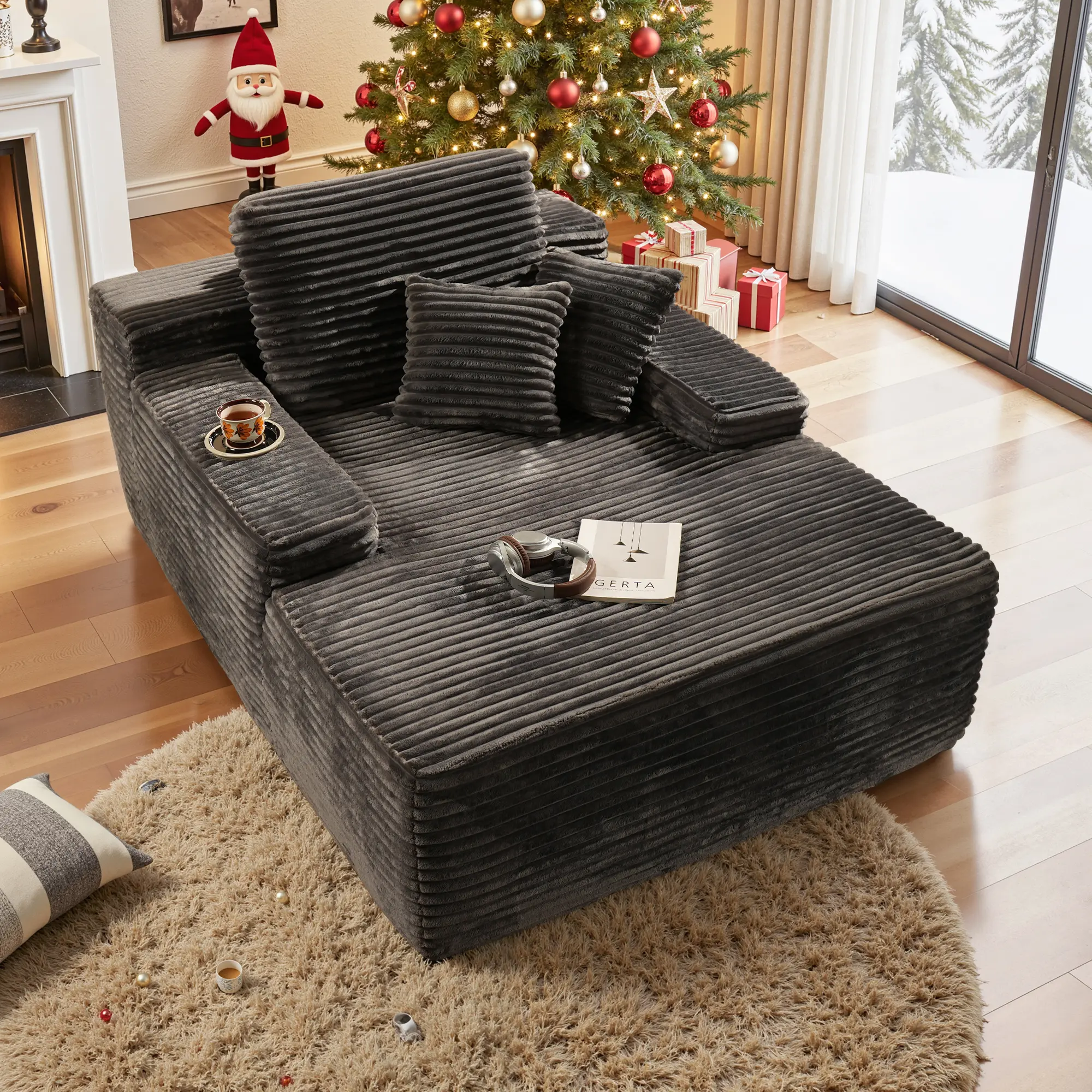 CAODOC Boneless Chaise Lounge Upholstered Sofa Bed with Cup Holder and Throw Pillows, 48.42" Deep, Soft Corduroy, No Assembly Required, Indoor Sleeper Chair