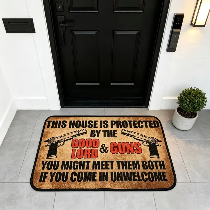 Welcome Doormat for front porch Entrance Way Monogram Mats decor 23.6"(L) x 35.4"(W) This House is Protected by The Good Lord Gun Funny Doormat for Entrance Way Novelty No Slip Garage home Entry Rugs and floral carpet room floor cover Mats Front Door Mat