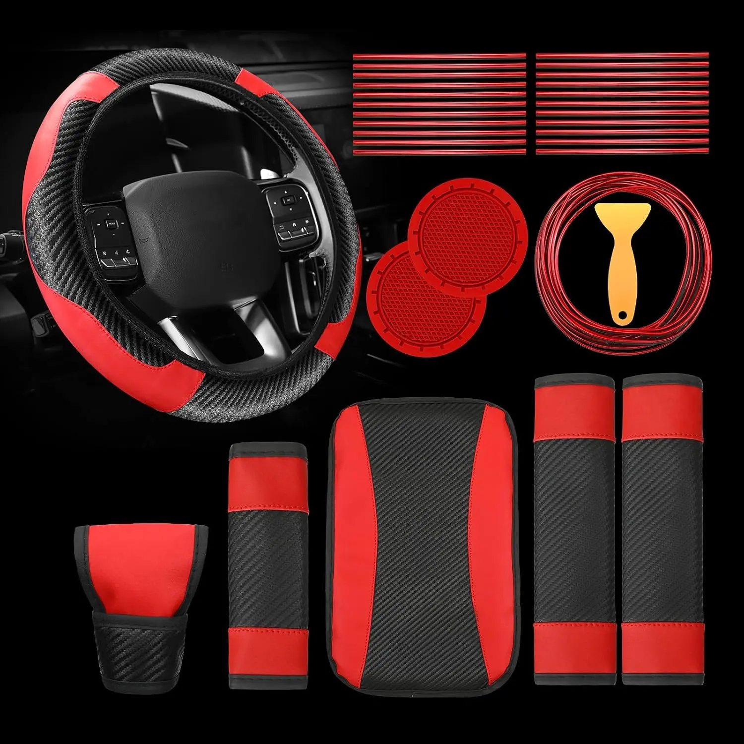 30 Pcs Car Accessories Set Red and Black PU Leather Steering Wheel Cover | PU Leather Steering Wheel Cover, Car Vent Trim Strips, Air Conditioner Insert Strips, Includes Installation Tool Riakrum