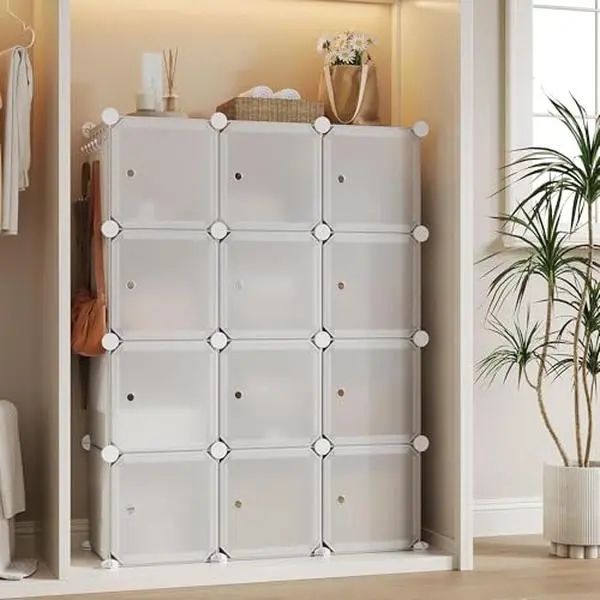 Space-Saving Modular Shoe Storage Cabinet – 12-Cube Stackable Organizer with Doors, Plastic Shelves, Easy Assembly, Ideal for Bedroom, Entryway, Closet, Living Room, White