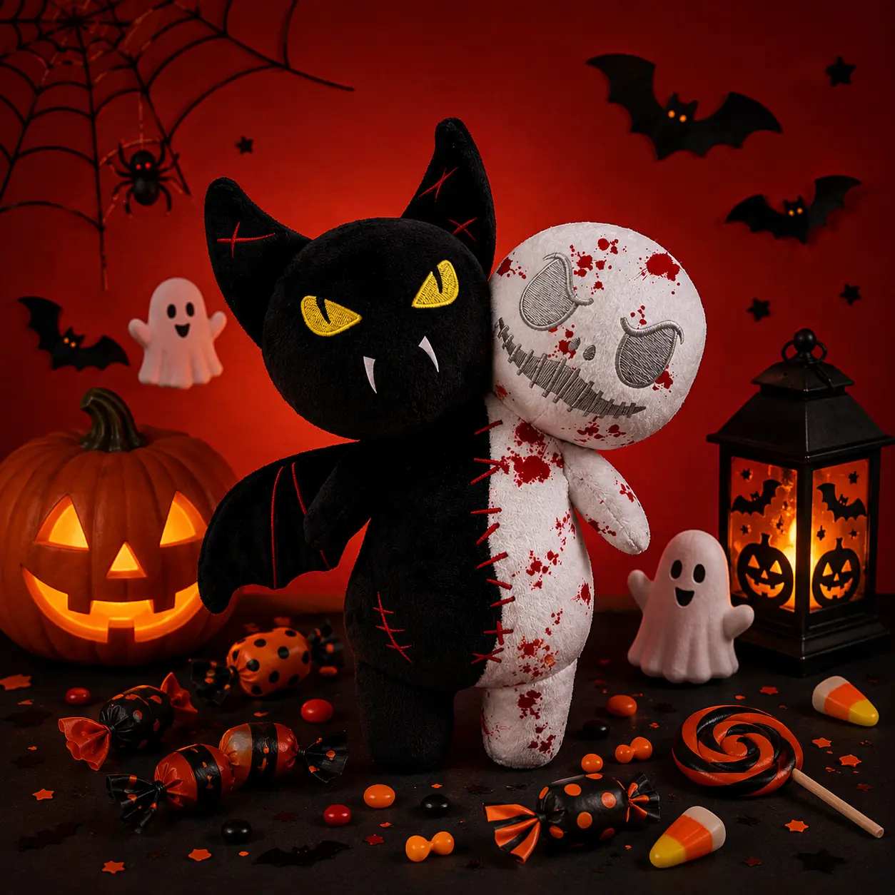 Halloween Plush Toy, Black Cat Plush, Skeleton Plush Doll, Gothic Plush, Creepy Cute Stuffed Animal, Halloween Decorations, Horror Gift, Fall Decor
