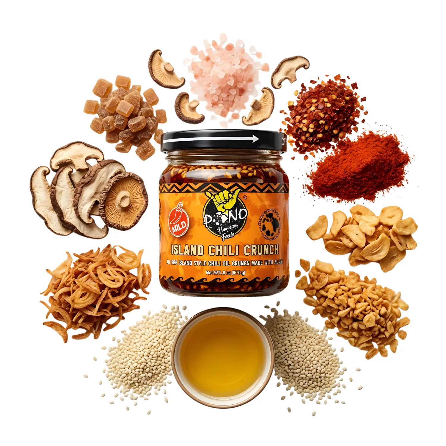 Pono Hawaiian Foods Island Chili Crunch - Mild Umami Chili Crunch Oil - No MSG - Non-GMO - No Preservatives