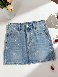 Women's Elastic Denim Skirt with Rhinestones, Casual A-Line Short Skirt, Breathable Fabric, Perfect for Daily Wear and Parties, Womenswear