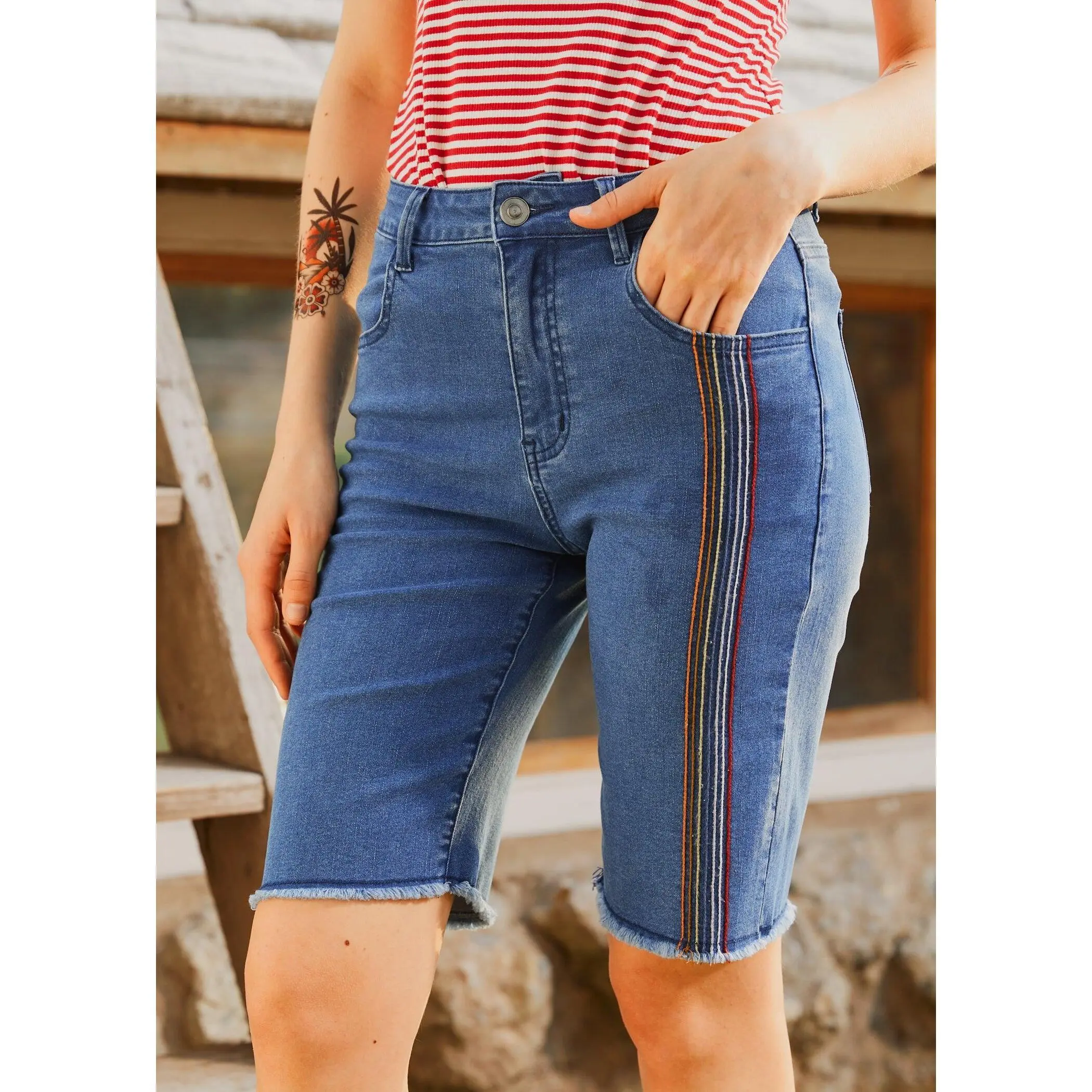 ModCloth Just Bloomed Bermuda Jean Shorts with Pockets, Rainbow Embroidery - Faded Sky Medium Wash Denim (2-26W) colorful