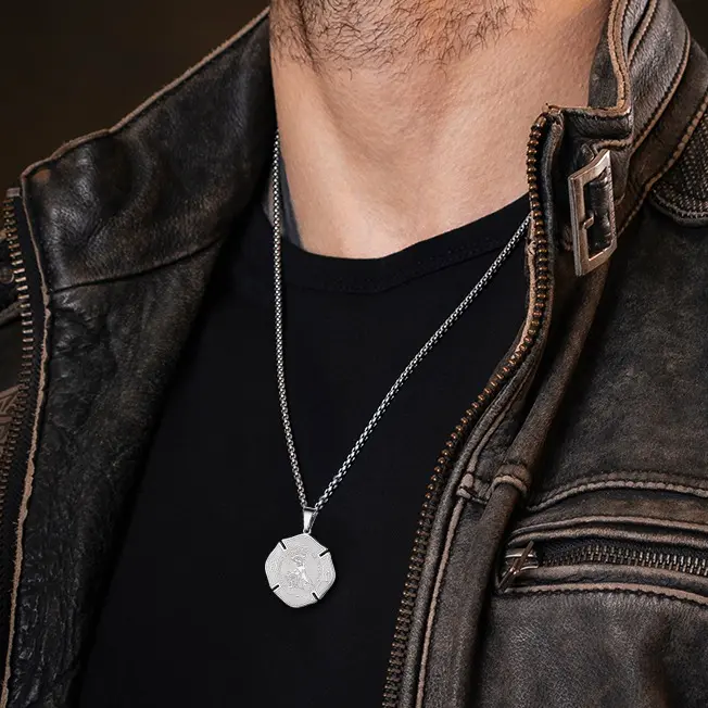FaithHeart 316L Stainless Steel Unisex Saint Florian Pendant Necklace - 33mm Firefighter Patron Shield Medal, Artificial Gemstone Handmade Jewelry, 22 Inch Rope Chain, Perfect Gift for Daily Wear