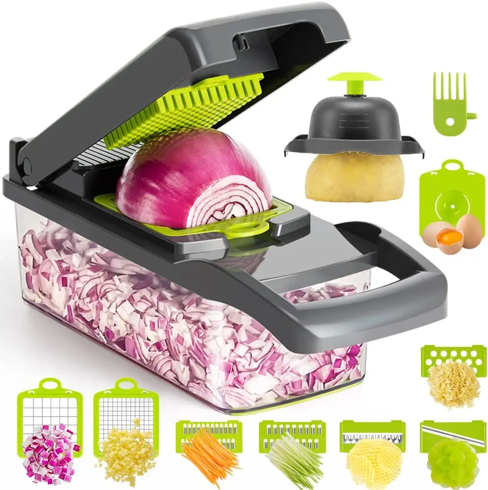 KEOUKE 12-in-1 Modern Rectangular Multi-Functional Kitchen Vegetable Chopper Mandoline Slicer (Grey) - Quick Change Interchangeable Steel Blades, Cutting Tool with Container, Hand Protector, Draining Basket, Fast Onion Dicing for Cucumber, Onion Dicing Fa