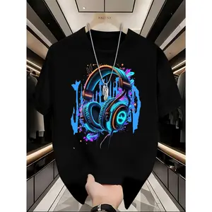 Menswear Short-Sleeve Soft T-Shirt for Teen Boys, 95% Polyester 5% Elastane 200gsm Slight Stretch Knit Fabric, Casual Round Neck Top with Geometric Headphones Print, Regular Fit Streetwear Minimalist