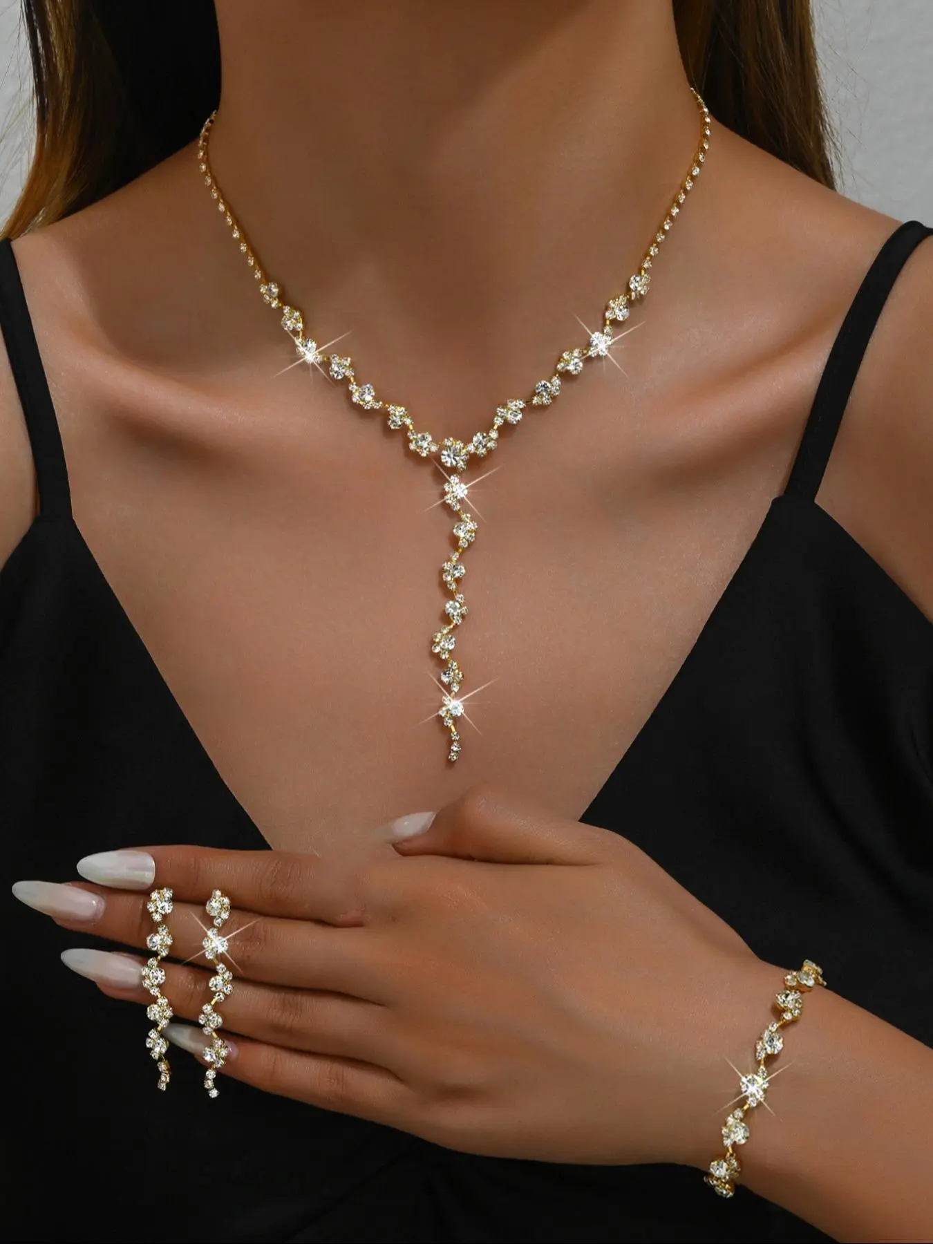 Women's Elegant Rhinestone Decorated Necklace & Bracelet & Earrings, Exquisite Trendy Matching Jewelry Set, Glamour Set, Fashionable Accessories for Party & Daily Clothing Decor