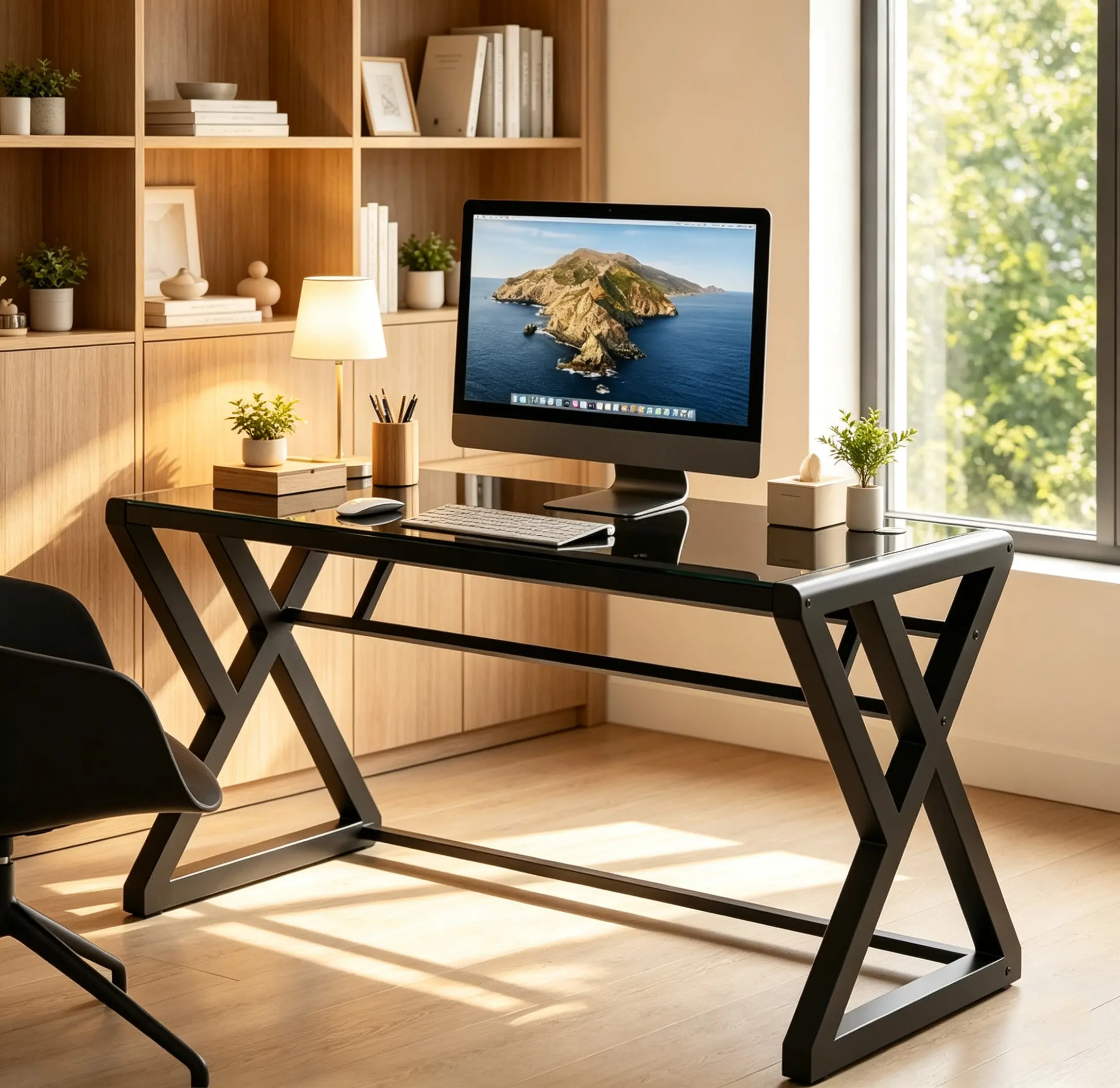 55-Inch Modern X-Leg Tempered Glass Computer Desk - Heavy-Duty Black Glass Workstation with Metal Frame, Scratch-Proof, Easy-Install Office Furniture for Home Office, Gaming, Daily Use