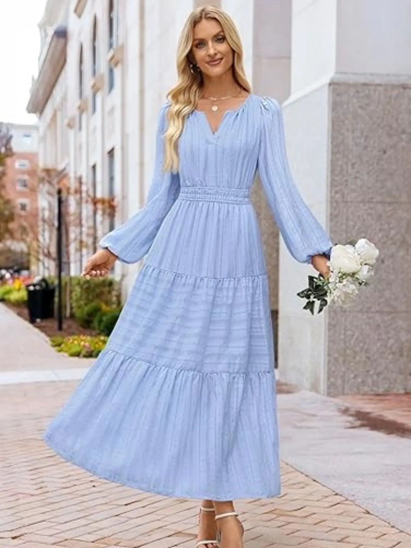 Elegant Casual Long Sleeve V Neck Dress for Women, Casual Dresses, Spring &  Fall Fashion, Fitted Plain Design, Moderate Fabric Thickness - TikTok Shop