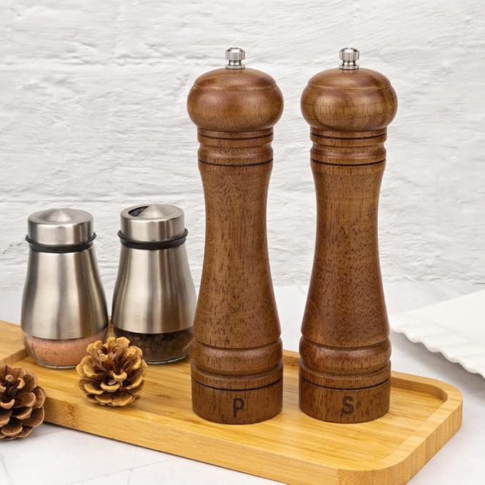 2-Piece 8-Inch Oak Wood Rustic Kitchen Salt and Pepper Grinder Set - Adjustable Ceramic Rotor Mill, Coarse-to-Fine Settings, Cover-Included for BBQ Use