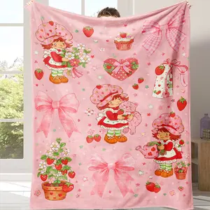 Cute Strawberry Shortcake Themed Blanket – Adorable Kawaii Pastry & Strawberry Print Soft Throw for Bedroom Decor, Movie Nights & Cute Gift Ideas!A gift suitable for fans, friends and children Suitable for use in offices, sofas, and travel settings, etc.