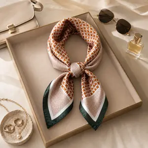H-print lightweight silk-like skin-friendly color-blocked scarf/square scarf - breathable designer neck scarf, fashion accessory, clothing accessory AN2016-RUST