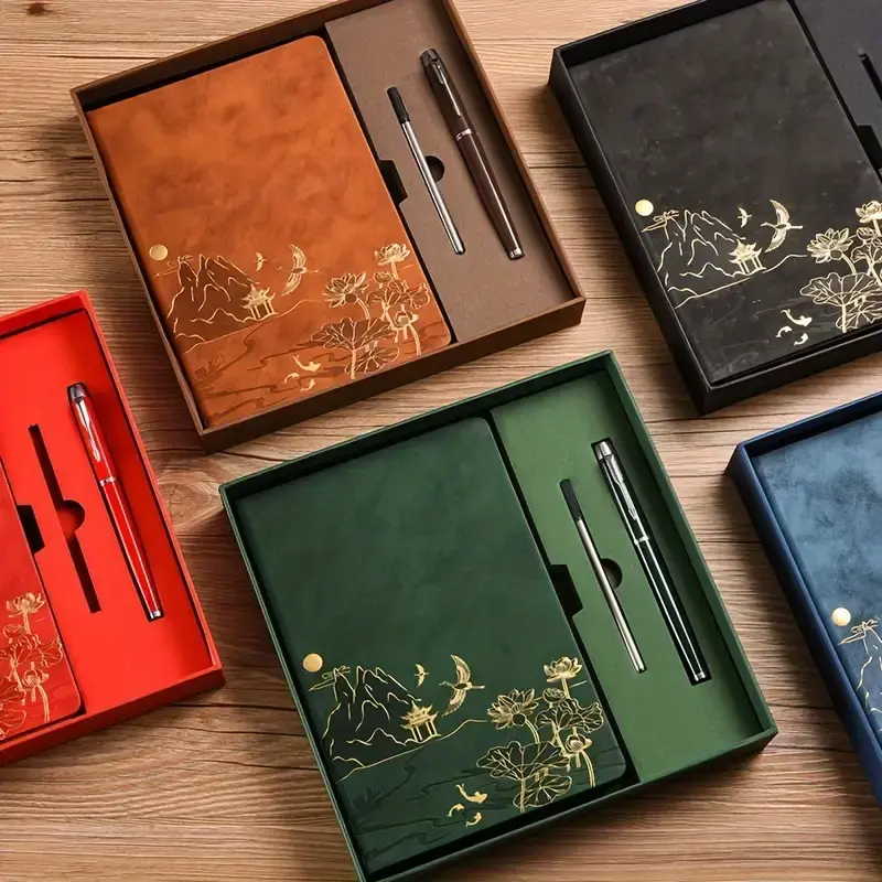 Traditional Chinese Pattern A5 Notebook Set - PU Cover, Gold Leaf Design, 200 Pages, Includes Pen & Replacement Cartridge, Gift Box (Brown,Red,Gray,Black) - Office Stationery for Note-Taking, Gifting
