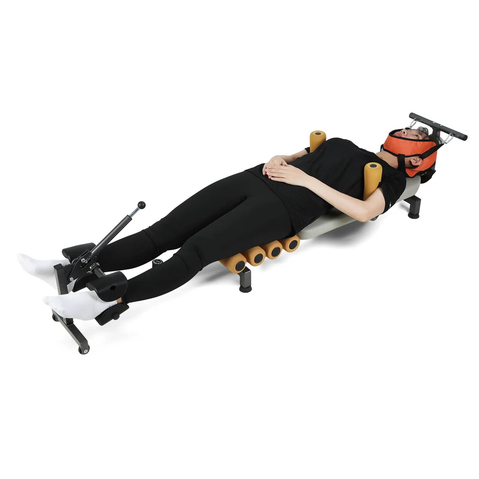 Back Stretch Bench with Cervical Traction, Length Adjustable Spine Stretcher Bed with Foam Rollers, 150kg Load-capacity Lumbar Decompression Table with Cervical Traction