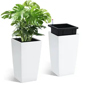 16 in Tall Planters Set of 2,Planter Pots,High Front Porch Planter Pots with Drainage Holes＆Water Level Monitor＆Inner Bucket,Automatic Watering,White