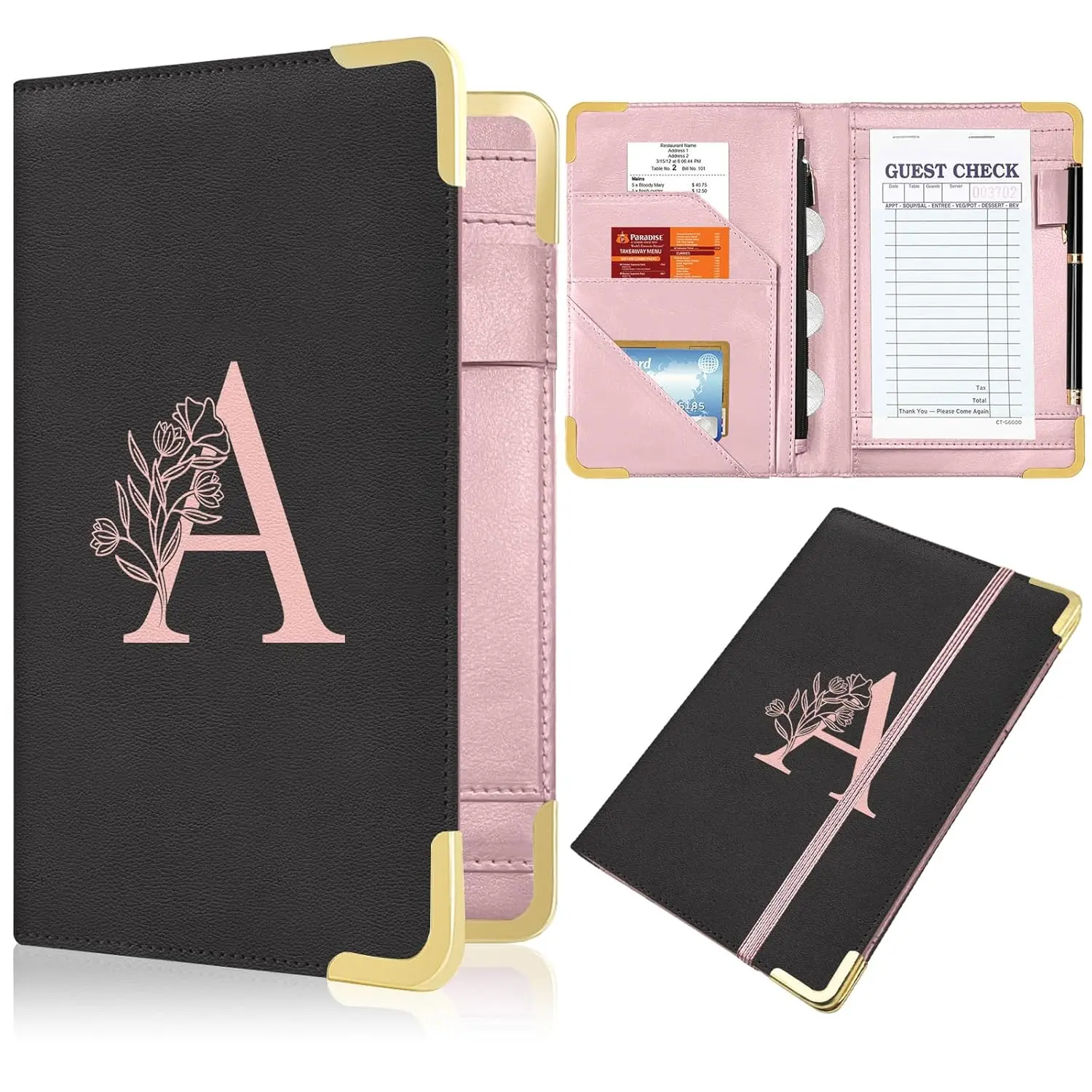 Server Book, Alphabet Waitress Book for Waitress, Leather Waitess Book with Zipper Pocket, Server Manual Checkbook Fits Server Apron (A)