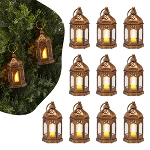 VEVOR 12 Pcs Bronze Decorative Candle Lanterns LED Electric Flameless with Glass Wall Hanging Indoor Porch Lanterns for Wedding Party Farmhouse Decor 2.56x2.56x5.04in