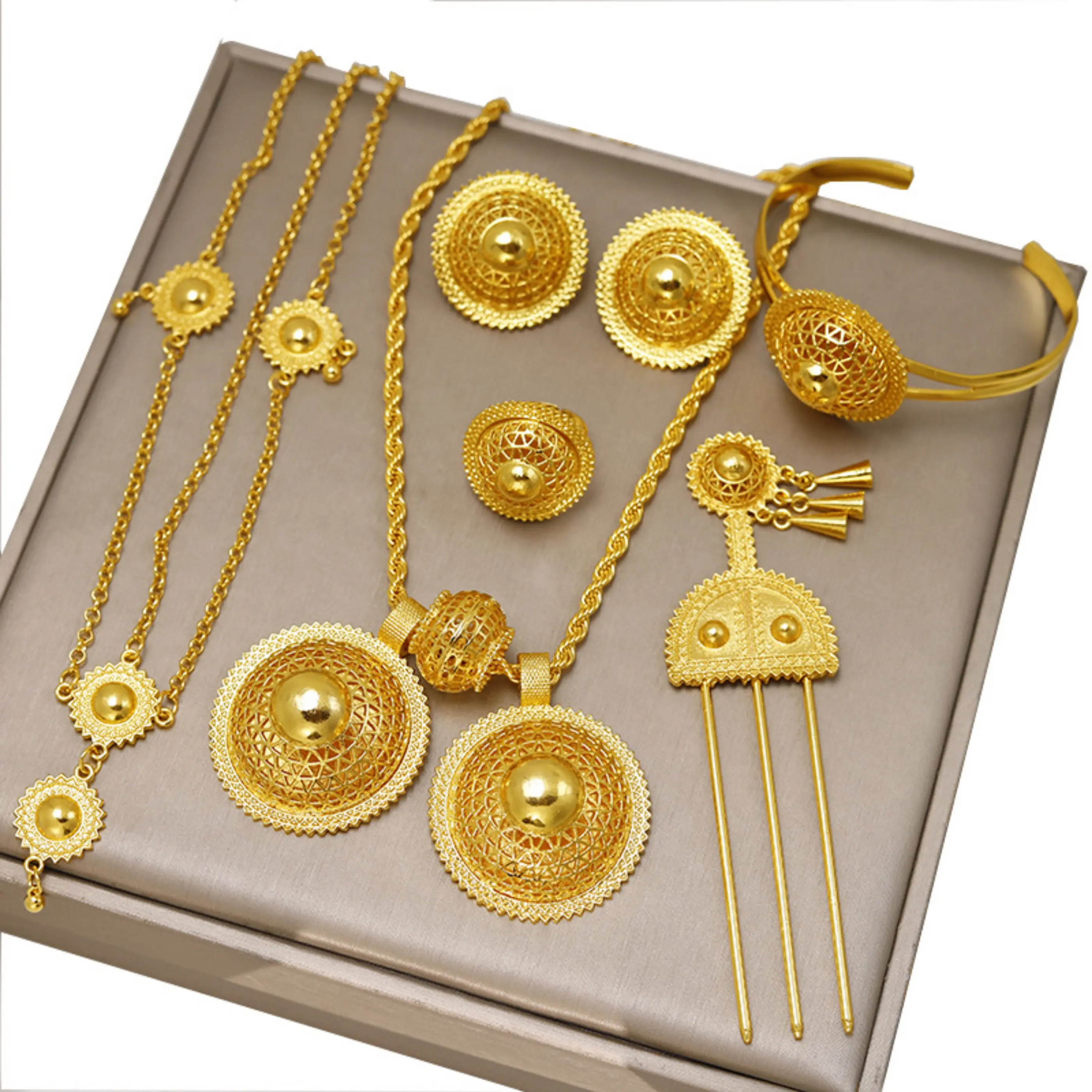Ethiopian Bridal Jewelry Set – 6pc Habesha Wedding Jewelry | Eritrean Wedding Set | (24KGP) Necklace, Earrings, Ring, Bracelet & Headpieces | Ethiopian Matrix