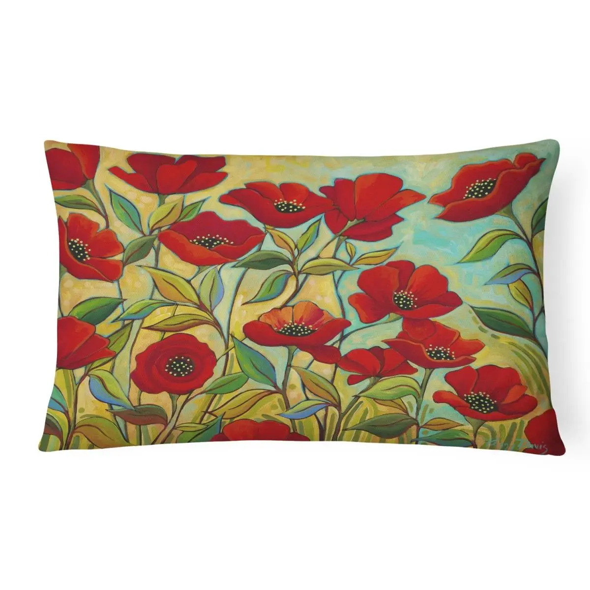 Decorative Poppy Flowers Polyester Canvas Fabric Pillow - 12in L x 3in W x 16in H, Heavyweight, Fade Resistant, Machine Washable, Indoor/Outdoor Living Room Pillow