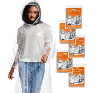Thick Elastic Disposable Rain Ponchos for Adults, Drawstring Hood Rain Gear, Emergency Family Pack for Camping & Hiking Sports & Outdoor Use