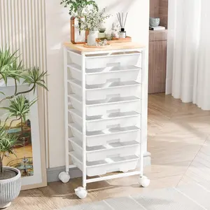 Rolling Cart with 8 Drawers, Storage Cart with Wooden Tabletop and Lockable Wheels, Utility Cart for Living Room Office Classroom Craft Room, White