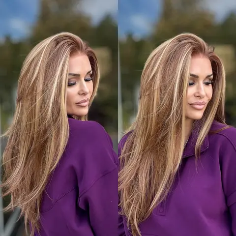 A47 by AISOM Highlight Copper Blonde Layered Straight Synthetic Lace Front Wigs 18" 13x6 HD Glueless Wig Pre Plucked Free Part Heat Resistant Fiber Wig for Women
