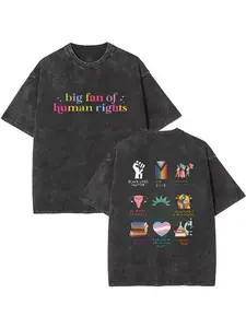 Big Fan Of Human Rights Vintage Washed T-Shirt, Black Lives Matter LGBTQ+ Feminist Shirt, Social Justice Activist Tee, Equality Graphic, Casual, Graphic Washed Oversized Tees for Men & Women, Summer Round Neck Short Sleeve, Sports Shirt, Streetwear