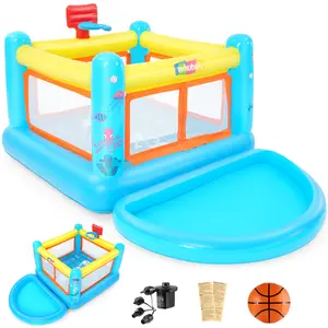 Whubefy Inflatable Bounce House with Detachable Pool/Ball Pit & Air Pump for Kids Ages 3-6, Durable PVC Inflatable Trampoline with Large Jumping Area, Basketball Hoop, Game Map for Indoor/Outdoor/Park/Backyard, Gifts for Children