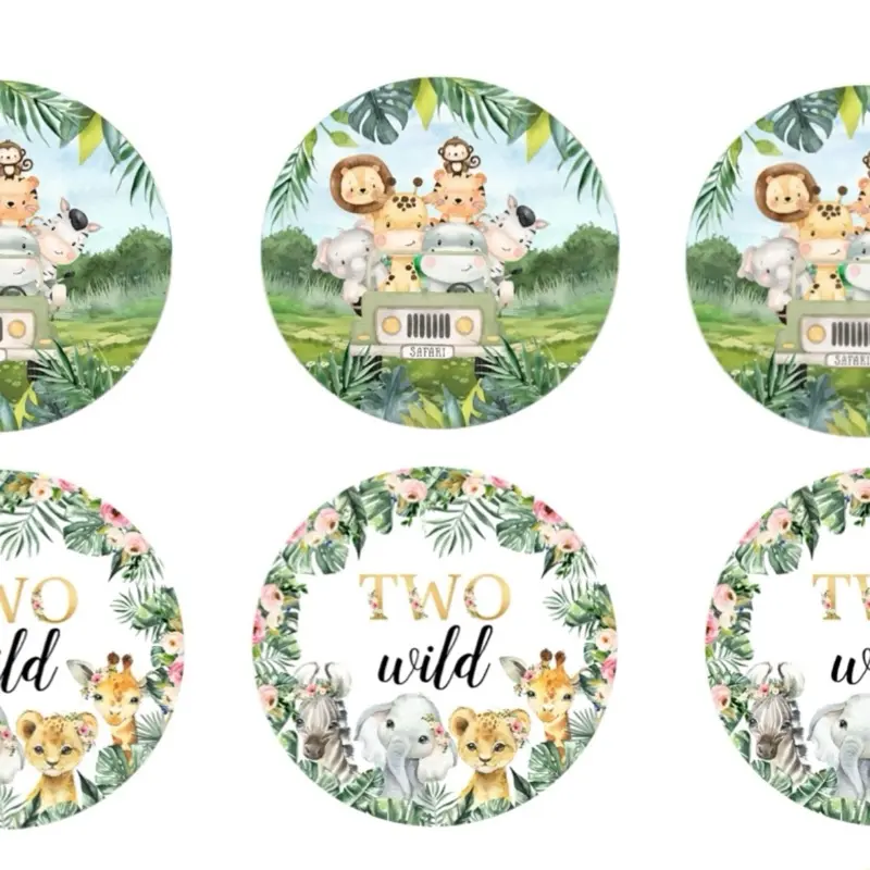 Two Wild Cupcake Toppers EDIBLE Cookie Topper Two Wild Theme Safari Animals 12 Images 2 1/4 Inch Decorations for Cakes & Drinks