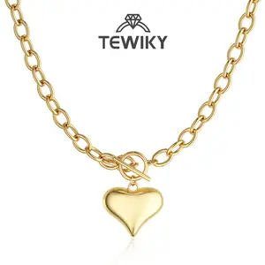 Tewiky Gold Large O-Link Chain Puffy Heart Pendant Necklace for Women, Shiny Smooth Statement Necklace For Valentineday