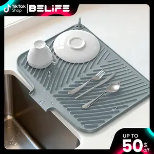 Belife Dish Drying Mat for Kitchen Counter Non-Slip Drain Pad with Built-in Drain Heat Resistant Stone Drying Mat 16.9 x 14.6 Quick Drying Anti-Slip Food Grade Silicone Multifunctional Mat