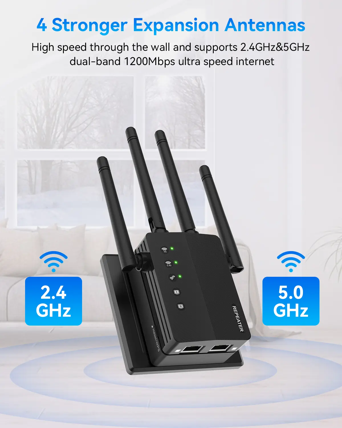 WiFi Extender with 4 Antennas 1200Mbps - Dual Band 5GHz/2.4GHz, WiFi Extender Signal Booster with 3 Modes Support, WiFi Repeater with 12880 Sq.ft 105 Devices, Easy Set Up for Home Dual-Band Wi-Fi