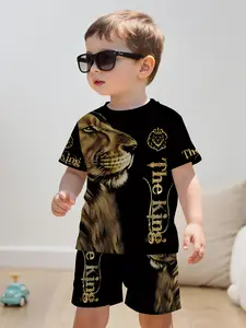 2-Piece Summer Collection: New Arrival Boys' Casual Sportswear “The King” Lion Print Round-Neck T-Shirt and Shorts Set, Relaxed Fit, Perfect for Outdoor Play, Graphic Print Set