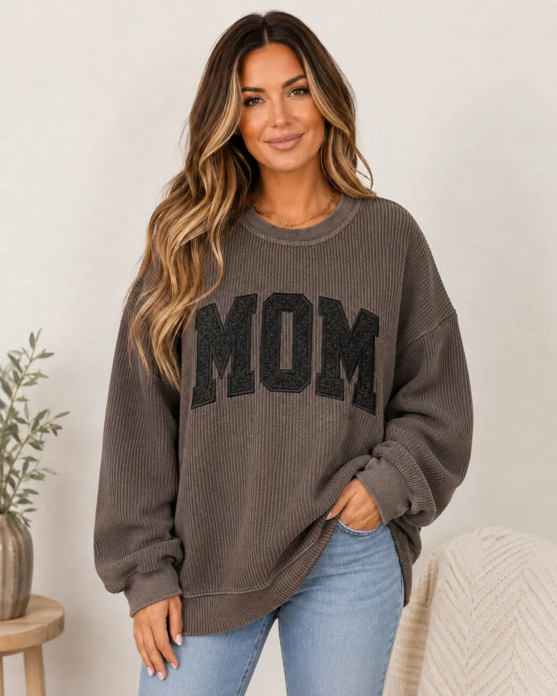 Mom OVERSIZED Tone on Tone Glitter Corded Crew Sweatshirt