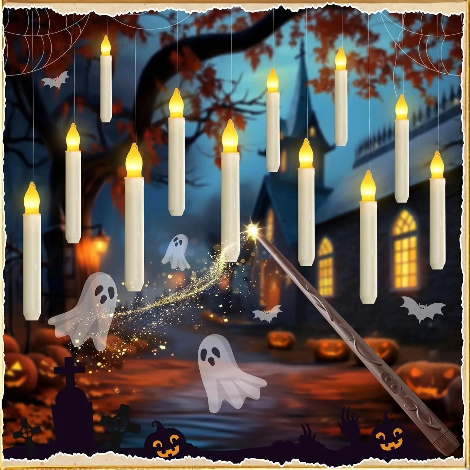 Magic Floating Candles with Wand Remote,12 Pcs Magical Candlesticks Witch Decors, Warm Yellow Flameless Taper Candles Battery Operated, LED Window Candle for Halloween Party Decor