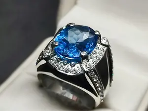 Oval Cut 24 Carat Deep Blue Lab Topaz Sterling Silver 925 Handmade Men's Heavy Channel Set Ring
