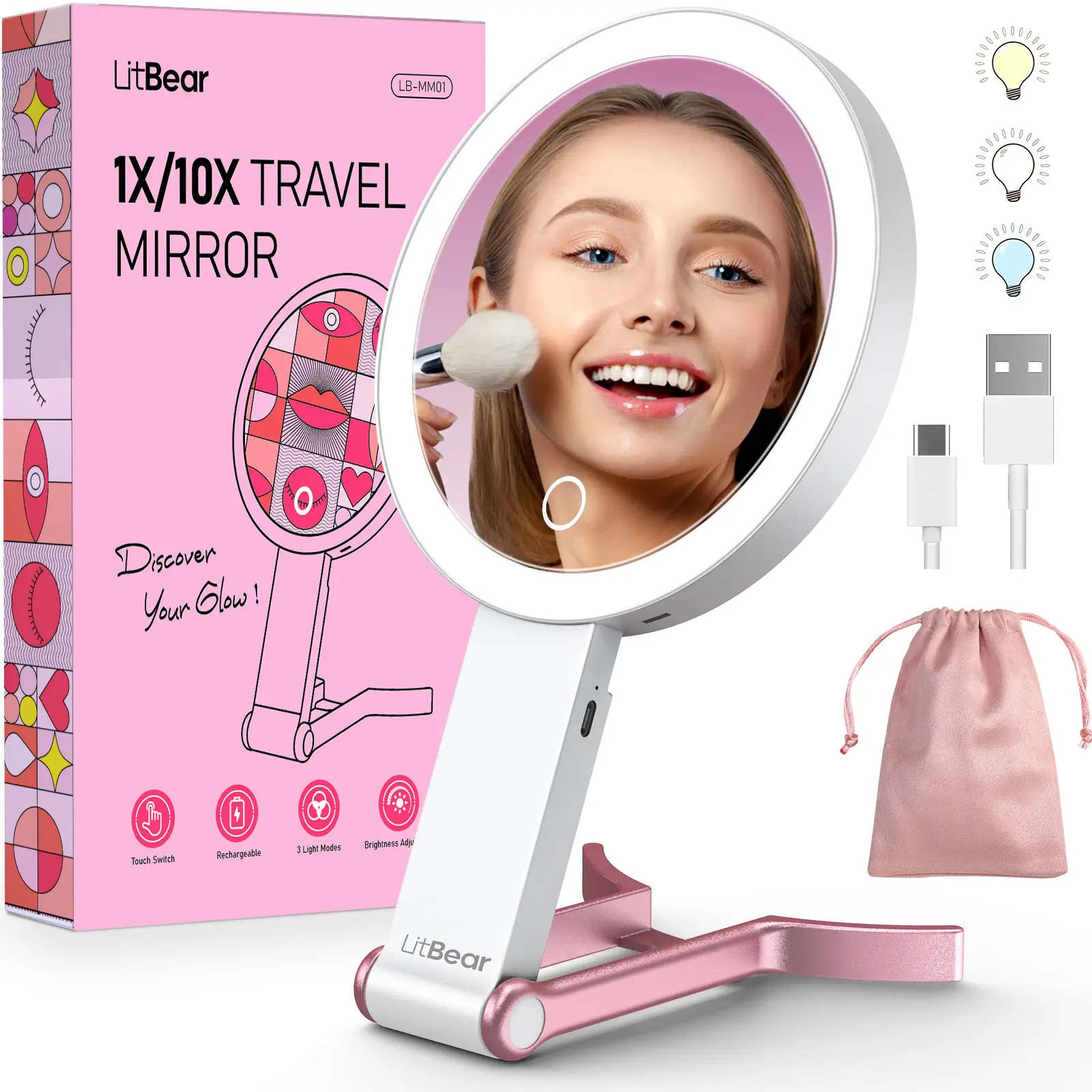LitBear LED Makeup Mirror - 1200mAh Rechargeable Portable Travel Size, Double Sided 10X/1X Magnified View, 3 Color Dimmable Bright Illumination, Glow on the Go Handheld Single Unit for Desk/Hanging Use