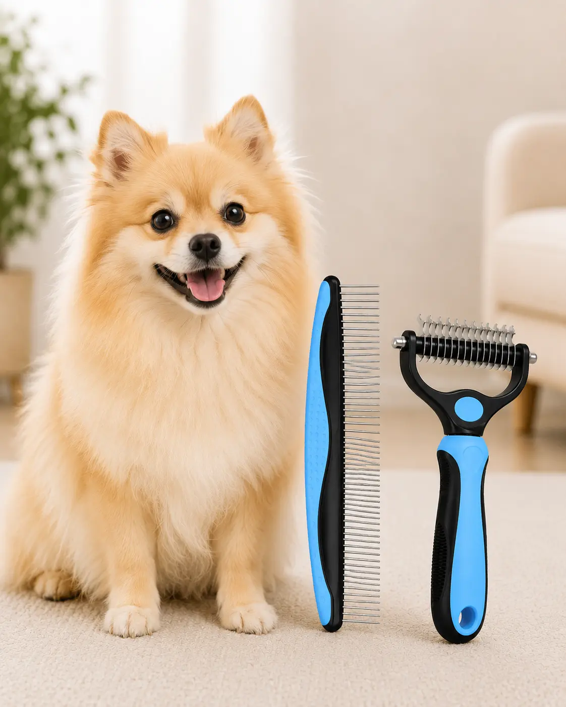 2-Piece Pet Detangling Comb Set - Dog & Cat Grooming Tool with Curved Teeth Gentle Rake, Undercoat Dematting Deshedding, Pain-Free Universal Fit for Beauty/Hair Care extra wide groom accessory Double-Sided Grooming Brush