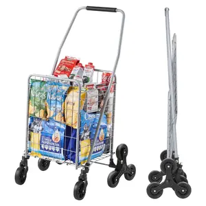 【Father's Day】VEVOR Grocery Shopping Cart, 45L Stair Climbing Shopping Cart with 360° Rolling Swivel Wheels, Stair Climber Utility Cart with Tri-Wheels, Foldable Collapsible & Lightweight for Laundry Travel, Silver