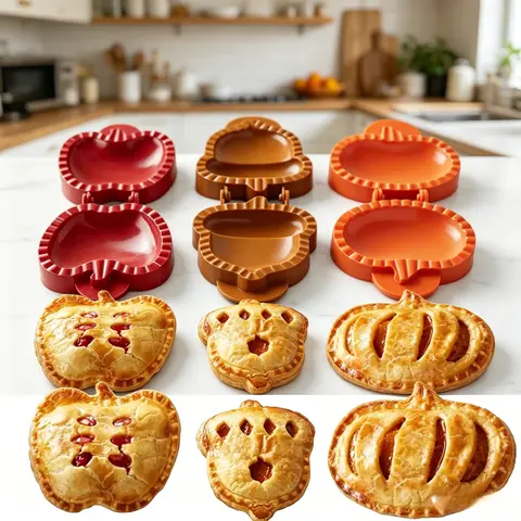 3-Piece Silicone & Plastic Hand Pie Dough Presser Mold Set - Kitchen Household Products, Dessert Tool, Durable Cooking Tools, 1-Press Press-Seal Fall Themed Pumpkin Mini Pocket Pie Maker, Reusable Home Baking Bakeware, Ideal Baker Gift