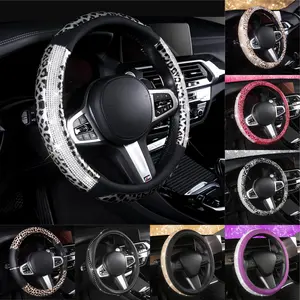 AUTOYOUTH Leopard & Cheetah Print Steering Wheel Cover - Bling Crystal Rhinestone PU Leather, Non-Slip Breathable Women’s Car Accessory, Universal Fit 14.5-15 Inch (Black & Silver) Car Interior Accessory, Car Accessories