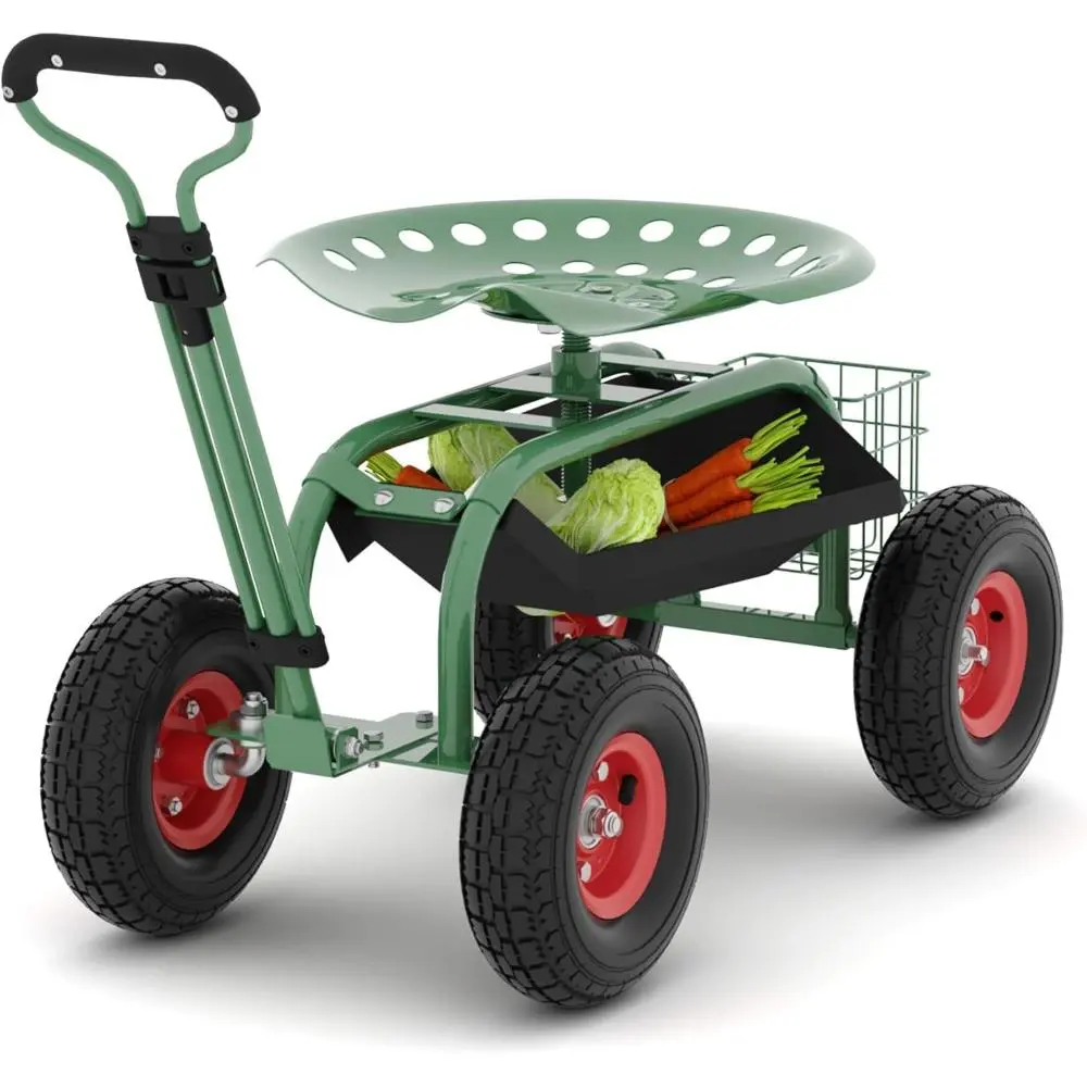 Green Heavy Duty All-Terrain Gardening Workseat - Steel Frame Portable Rolling Garden Workstation, 330lb Capacity, 360° Swivel Seat, Height-Adjust Handle, Removable Tool Tray, Non-Slip Surface, Reinforced Joints, Rubber Wheels for Outdoor Events