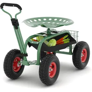 Rolling Garden Workstation, 330 LBS Capacity Mobile Gardening Stool with 360° Swivel Seat, Adjustable Handle & Removable Tool Tray, Green