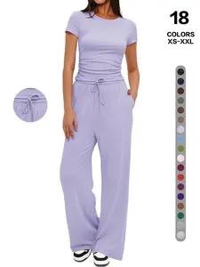 Women's Minimalist Basic Lounge Set：Slim Short Tee & Drawstring Wide Leg Pants | Chic 2 Piece Co-ord for Travel, Airport Outfit & Urban Casual