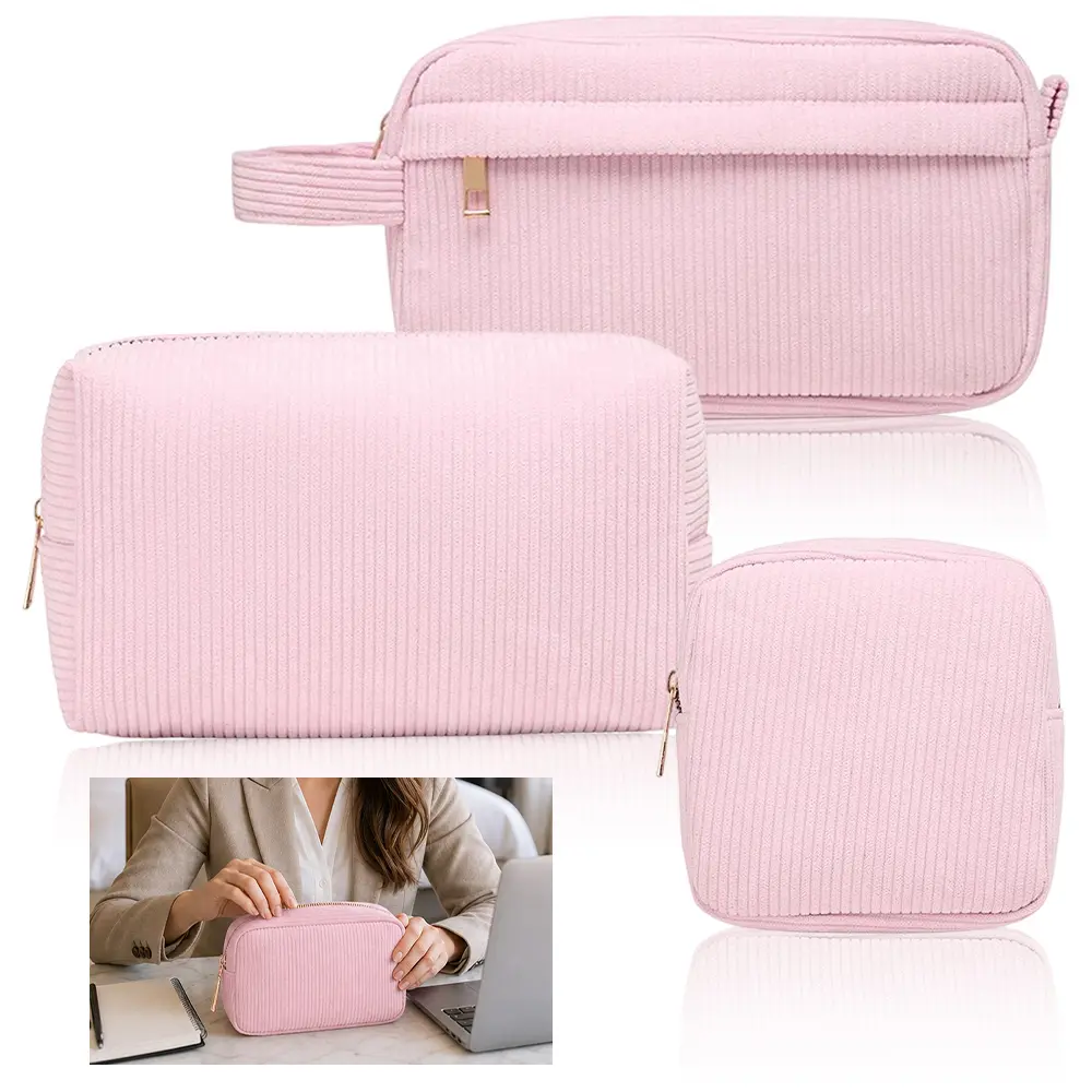 Pink Corduroy 3-Piece Zippered Storage Bag Set - Multi-Size Makeup & Toiletry Organizers for Home Storage, Travel, Cosmetics & Skincare Organization, Storage Organization