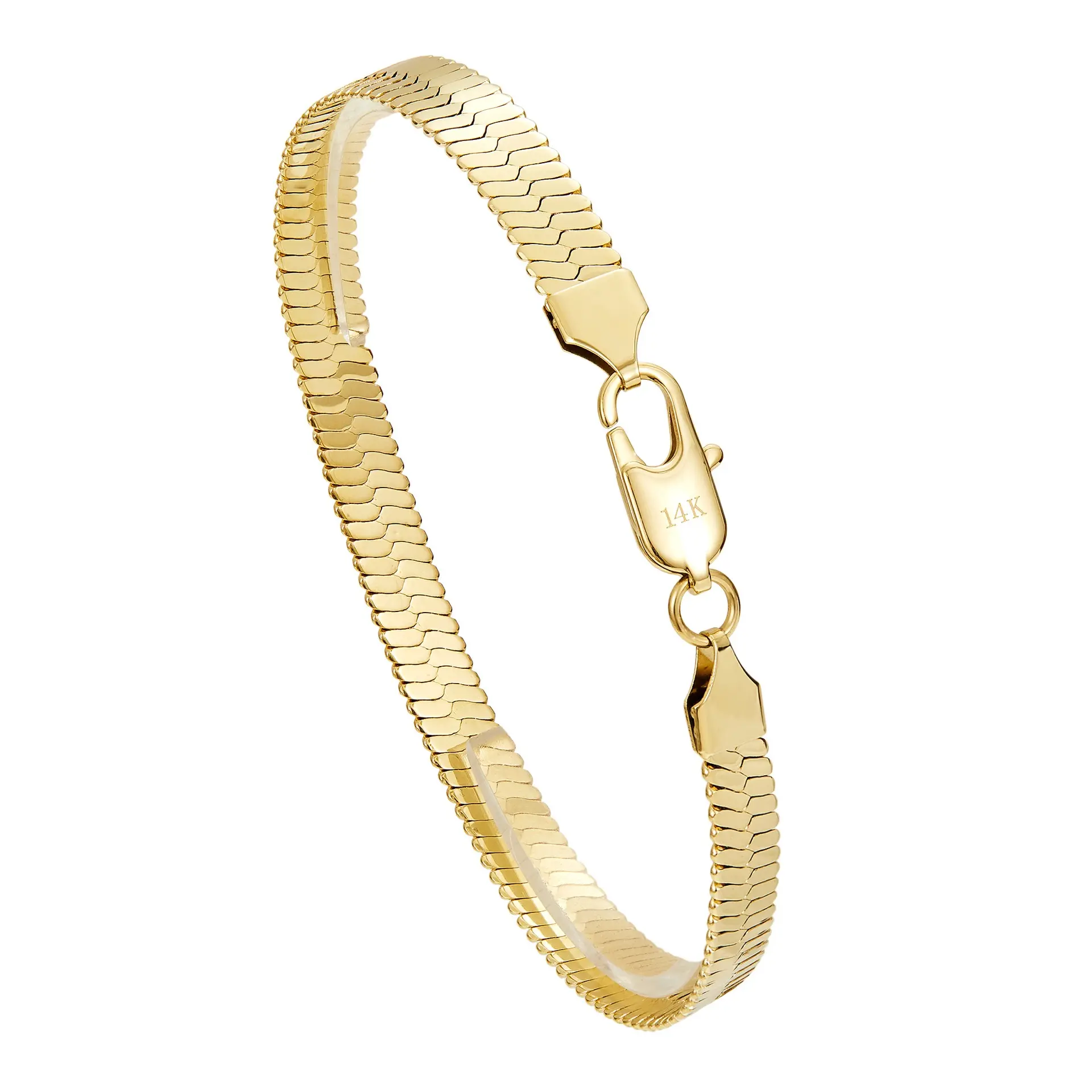 AUREL CUBA 14K Real Gold Plated 7MM Flat Waterproof Snake Herringbone Chain Bracelet - 7.5/8.5 in Smooth Layering Jewelry Gift for Men